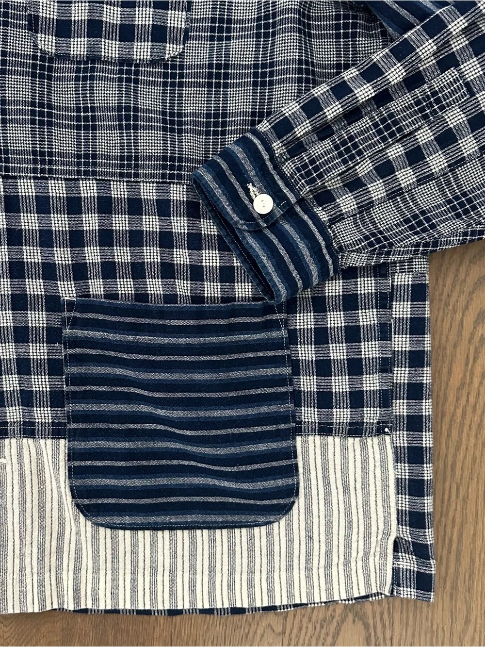 Wallace & Barnes Plaid Striped Patchwork Cotton Chore Coat Indigo Blue, White XL
